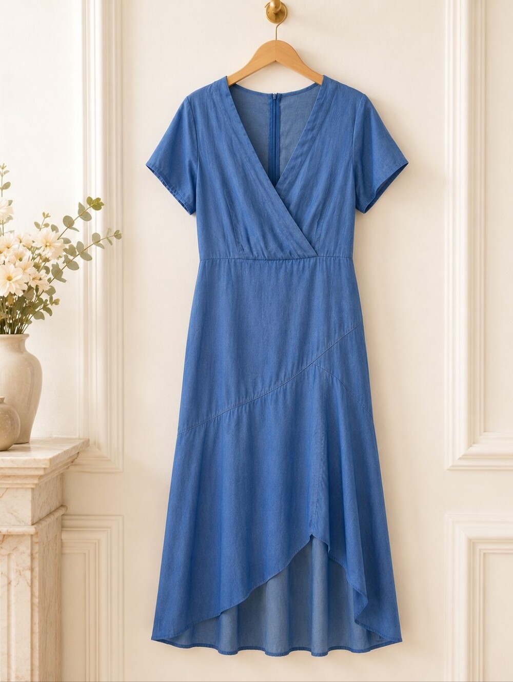 Blue Lyocell High Low Maxi Dress V-Neck Size Medium - Picture 5 of 9